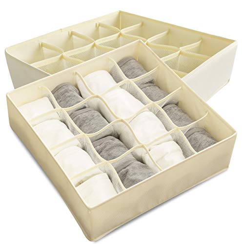 Libeder 2 Pack Socks Underwear Drawer Organizer Divider, 16 Cell Collapsible Cabinet Closet Organizer Storage Boxes for Clothes, Socks, Lingerie, Underwear, Ties, Beige