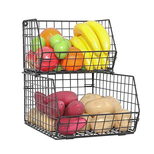 X-cosrack Fruit and Vegetable Basket,2-Tier Wall-mounted & Countertop Tiered Storage Baskets for Potato Onion Storage,Stackable Kitchen Wire Baskets for Fruit Veggies Produce Snack Canned Foods,Black