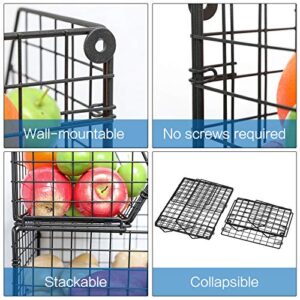 X-cosrack Fruit and Vegetable Basket,2-Tier Wall-mounted & Countertop Tiered Storage Baskets for Potato Onion Storage,Stackable Kitchen Wire Baskets for Fruit Veggies Produce Snack Canned Foods,Black