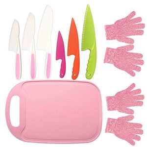 11pcs kids plastic knife set,kids safe knife set with 2 pair cut resistant gloves (ages 6-12) & cutting board,kids cooking tool bpa-free ,salad (pink)