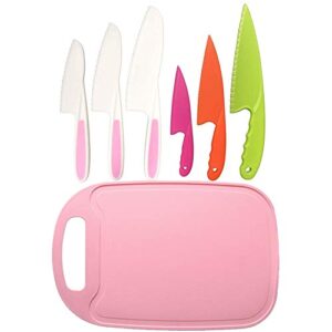 11PCS Kids Plastic Knife Set,Kids Safe Knife Set with 2 Pair Cut Resistant Gloves (Ages 6-12) & Cutting Board,Kids Cooking Tool BPA-Free ,Salad (Pink)