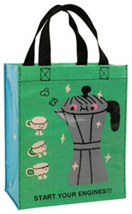 blue q handy tote ~ start your engines coffee lovers!!! reusable lunch bag, little tote, gift bag, sturdy and easy to clean, made from 95% recycled material, 10" h x 8.5" w x 4.5" d