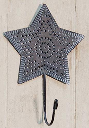 HAPPY DEALS ~ Primitive Star Wall Hook - Black Punched Tin | Rustic Country Décor | 8 x 5 inch