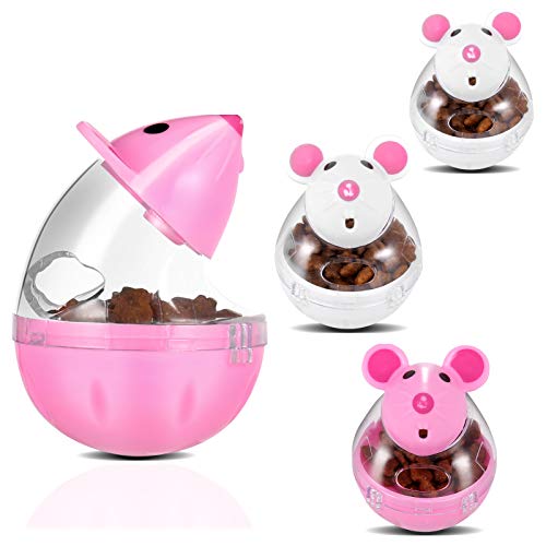 PORTOWN 4 Pcs Cat Food Ball Dispenser, Small Cat Food Balls Slow Feeder Mice Shaped Tumbler Cat Food Toy Cat Treat Toy Feeder Toy for Interactive Training(Pink,White)