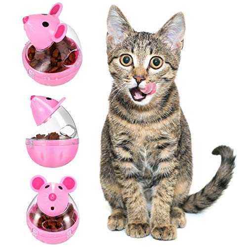 PORTOWN 4 Pcs Cat Food Ball Dispenser, Small Cat Food Balls Slow Feeder Mice Shaped Tumbler Cat Food Toy Cat Treat Toy Feeder Toy for Interactive Training(Pink,White)