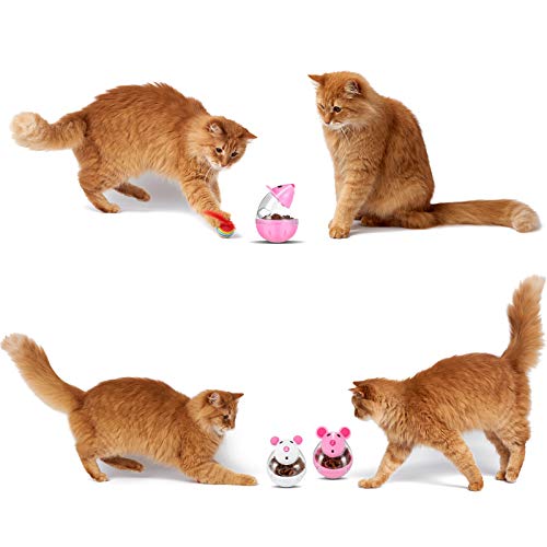 PORTOWN 4 Pcs Cat Food Ball Dispenser, Small Cat Food Balls Slow Feeder Mice Shaped Tumbler Cat Food Toy Cat Treat Toy Feeder Toy for Interactive Training(Pink,White)