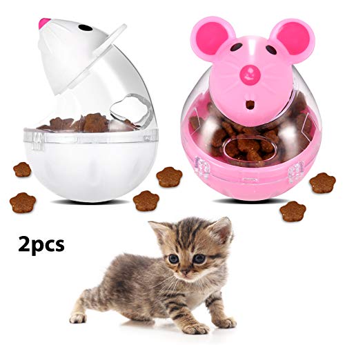 PORTOWN 4 Pcs Cat Food Ball Dispenser, Small Cat Food Balls Slow Feeder Mice Shaped Tumbler Cat Food Toy Cat Treat Toy Feeder Toy for Interactive Training(Pink,White)