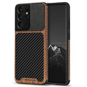tendlin compatible with samsung galaxy s21 ultra case wood grain with carbon fiber texture design leather hybrid case (black)