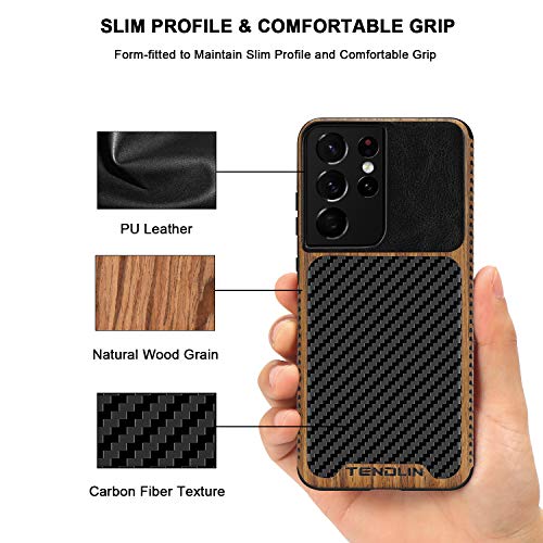 TENDLIN Compatible with Samsung Galaxy S21 Ultra Case Wood Grain with Carbon Fiber Texture Design Leather Hybrid Case (Black)