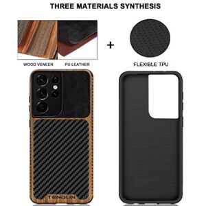 TENDLIN Compatible with Samsung Galaxy S21 Ultra Case Wood Grain with Carbon Fiber Texture Design Leather Hybrid Case (Black)