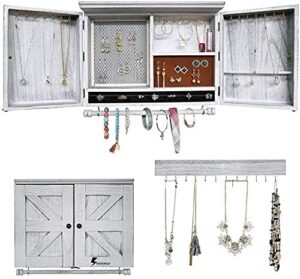 glant rustic wall mounted jewelry organizer with wooden barndoor decor,wooden wall mount holder,jewelry holder for necklaces, earings, bracelets, ring holder (milky)