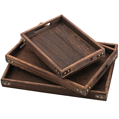 TOPZEA 3 Pack Wood Serving Tray, Rectangular Butler Serving Tray with Handle, Coffee Table Tray Decorative Ottoman Tray for Tea, Coffee, Breakfast, Table Centerpieces