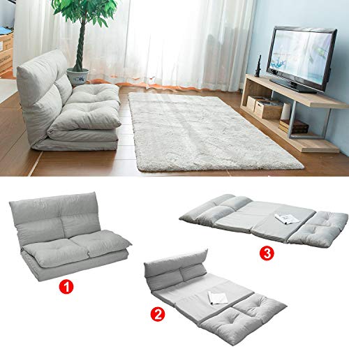 Folding Floor Lazy Sofa Bed Fabric Sleeper, 5-Position Adjustable Floor Couch Lounge Video Gaming Sofa Bed, Folding Floor Leisure Cushion Padded Futon Bed for Reading, Gray