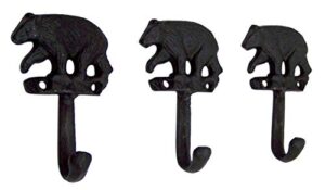 rustic black bear cast iron wall hooks, set of 3, 5 inches