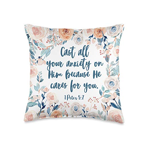 Christian Bible Verse Gifts 1 Peter 5:7 Gift for Christian Bible Verse Throw Pillow, 16x16, Multicolor