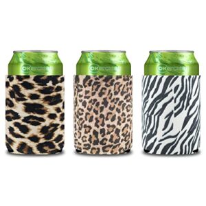 okitchen set of 3 neoprene beer can cooler sleeve,insulated can holder sleeve for 12 oz standard iced beer can bottle,coral fleece super soft hand feel,leopard and zebra animal pattern for party