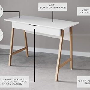 Parma 42 Inch Modern Desk - Home & Office Small Computer Desk with Wide Drawer - Wooden Study Writing Minimalist Desk with Storage for Small Space, Bedroom & Workstations - Student Desk/Table (White)