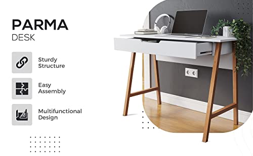 Parma 42 Inch Modern Desk - Home & Office Small Computer Desk with Wide Drawer - Wooden Study Writing Minimalist Desk with Storage for Small Space, Bedroom & Workstations - Student Desk/Table (White)