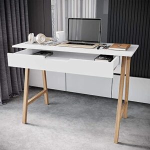 Parma 42 Inch Modern Desk - Home & Office Small Computer Desk with Wide Drawer - Wooden Study Writing Minimalist Desk with Storage for Small Space, Bedroom & Workstations - Student Desk/Table (White)