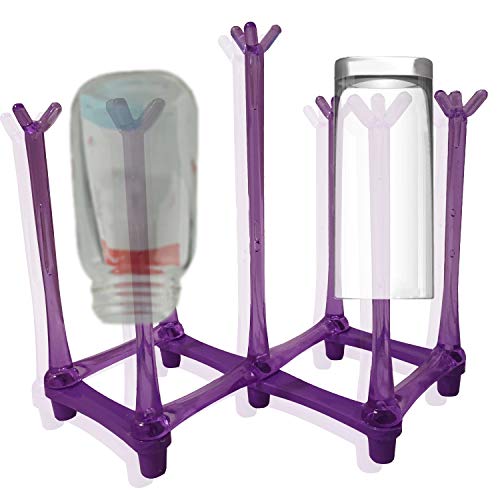 Pruple Retractable Cup Drying Rack Drinking Glass and Sports Bottle Drainer Stand Plastic Bag Dryer for Kitchen Dish Drainer with 7 Plastic Mug Tree Hooks