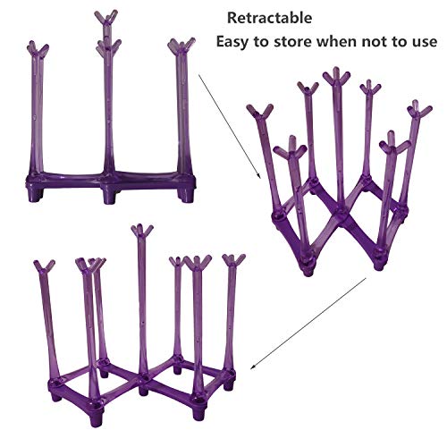 Pruple Retractable Cup Drying Rack Drinking Glass and Sports Bottle Drainer Stand Plastic Bag Dryer for Kitchen Dish Drainer with 7 Plastic Mug Tree Hooks