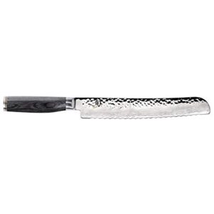 shun cutlery premier grey bread knife 9”, long serrations glide through bread, hammered tsuchime finish, ideal for cakes and pastries, authentic, handcrafted, japanese serrated kitchen knife