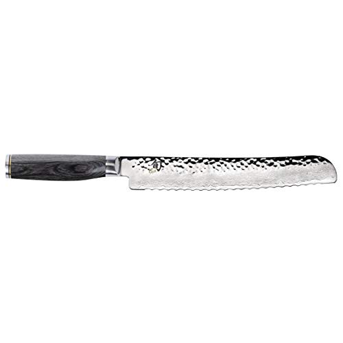 Shun Cutlery Premier Grey Bread Knife 9”, Long Serrations Glide Through Bread, Hammered TSUCHIME Finish, Ideal for Cakes and Pastries, Authentic, Handcrafted, Japanese Serrated Kitchen Knife