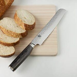 Shun Cutlery Premier Grey Bread Knife 9”, Long Serrations Glide Through Bread, Hammered TSUCHIME Finish, Ideal for Cakes and Pastries, Authentic, Handcrafted, Japanese Serrated Kitchen Knife