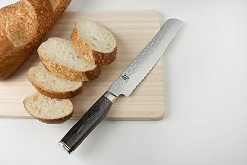 Shun Cutlery Premier Grey Bread Knife 9”, Long Serrations Glide Through Bread, Hammered TSUCHIME Finish, Ideal for Cakes and Pastries, Authentic, Handcrafted, Japanese Serrated Kitchen Knife