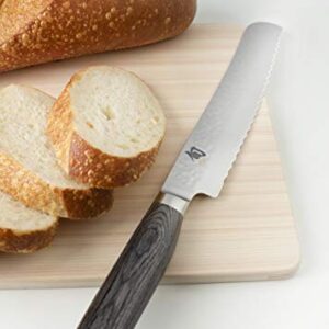 Shun Cutlery Premier Grey Bread Knife 9”, Long Serrations Glide Through Bread, Hammered TSUCHIME Finish, Ideal for Cakes and Pastries, Authentic, Handcrafted, Japanese Serrated Kitchen Knife