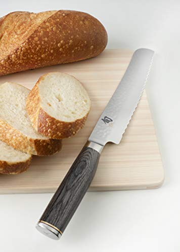 Shun Cutlery Premier Grey Bread Knife 9”, Long Serrations Glide Through Bread, Hammered TSUCHIME Finish, Ideal for Cakes and Pastries, Authentic, Handcrafted, Japanese Serrated Kitchen Knife