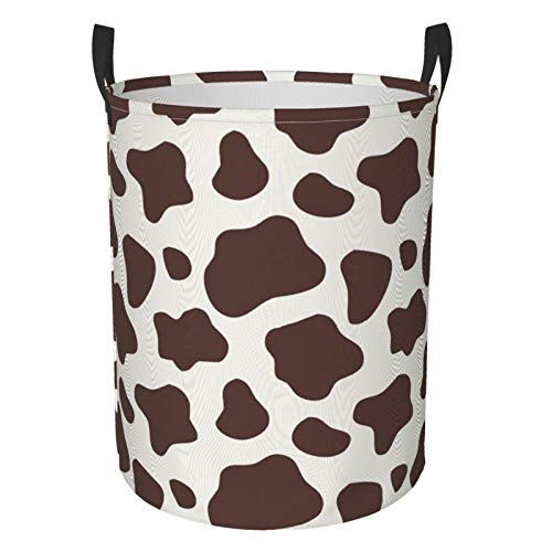 KiuLoam Brown and White Cow Print Laundry Baskets, Bedroom Hamper Collapsible Waterproof Oxford Fabric with Handle Foldable Cloth Washing Bin Tote Bag (16.5 Inches)