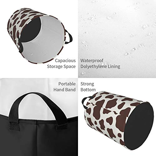 KiuLoam Brown and White Cow Print Laundry Baskets, Bedroom Hamper Collapsible Waterproof Oxford Fabric with Handle Foldable Cloth Washing Bin Tote Bag (16.5 Inches)