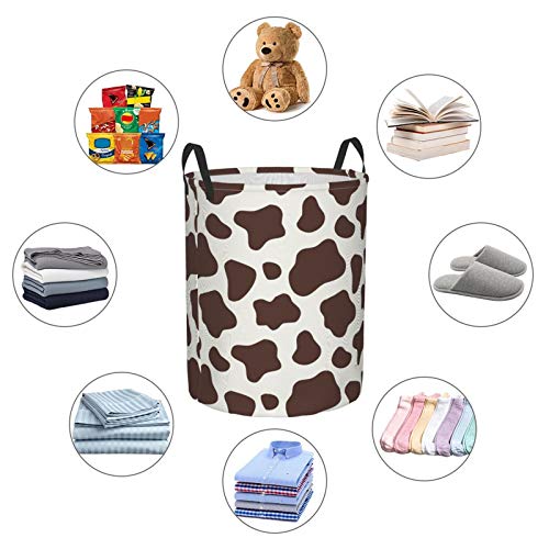 KiuLoam Brown and White Cow Print Laundry Baskets, Bedroom Hamper Collapsible Waterproof Oxford Fabric with Handle Foldable Cloth Washing Bin Tote Bag (16.5 Inches)