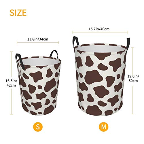 KiuLoam Brown and White Cow Print Laundry Baskets, Bedroom Hamper Collapsible Waterproof Oxford Fabric with Handle Foldable Cloth Washing Bin Tote Bag (16.5 Inches)