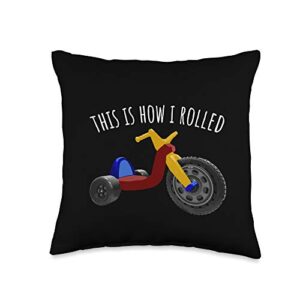 vintage retro 70's 80's t-shirts clothing & gifts nostalgic love 70s 80s vintage retro toys big tricycle wheel throw pillow, 16x16, multicolor