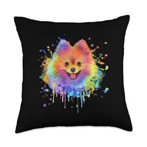cute splash art pomeranian gifts men women colorful splash art pomeranian portrait pom puppy owner throw pillow, 18x18, multicolor