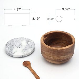 KITCHENDAO Large Acacia Salt Cellar Box Bowl with Built-in Spoon and Marble Lid, Solid Natural Acacia Wood Bath Sea Salt Container, Grey Marble Lid, Pepper Sealer Pinch Bowl, 10oz Capacity