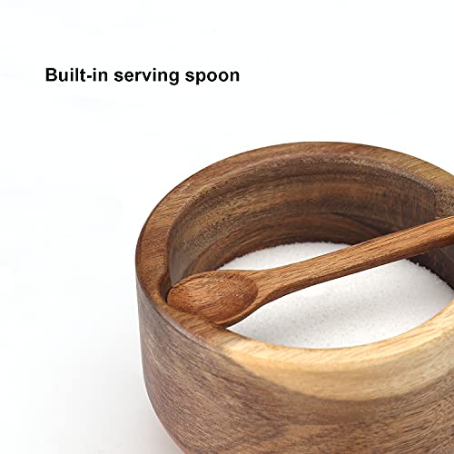 KITCHENDAO Large Acacia Salt Cellar Box Bowl with Built-in Spoon and Marble Lid, Solid Natural Acacia Wood Bath Sea Salt Container, Grey Marble Lid, Pepper Sealer Pinch Bowl, 10oz Capacity