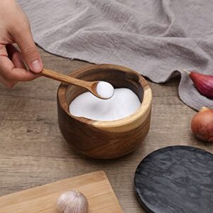 KITCHENDAO Large Acacia Salt Cellar Box Bowl with Built-in Spoon and Marble Lid, Solid Natural Acacia Wood Bath Sea Salt Container, Grey Marble Lid, Pepper Sealer Pinch Bowl, 10oz Capacity