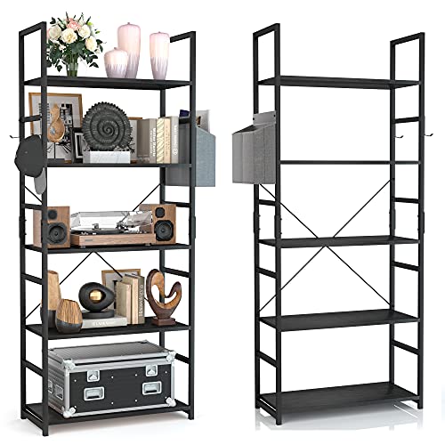 NUMENN 5 Tier Bookshelf, Tall Bookcase Shelf Storage Organizer, Modern Book Shelf with Storage Bag and Hook for Bedroom, Living Room and Home Office, Black