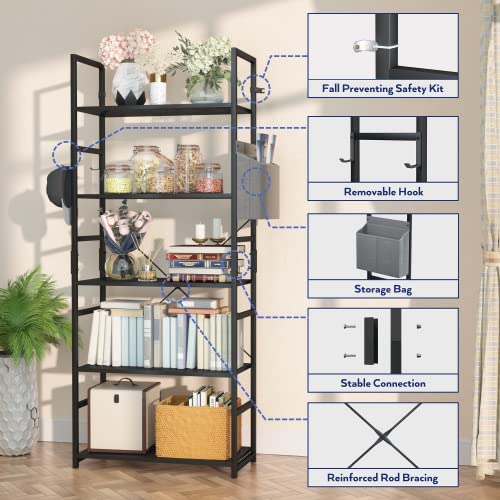NUMENN 5 Tier Bookshelf, Tall Bookcase Shelf Storage Organizer, Modern Book Shelf with Storage Bag and Hook for Bedroom, Living Room and Home Office, Black