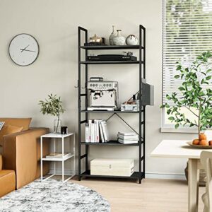 NUMENN 5 Tier Bookshelf, Tall Bookcase Shelf Storage Organizer, Modern Book Shelf with Storage Bag and Hook for Bedroom, Living Room and Home Office, Black