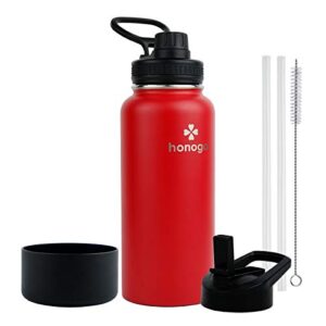 honogo 32 oz powder coated double wall vacuum insulated sports water bottle, 18/8 stainless steel wide mouth thermos flask with straw lid & spout lid, leak proof, sweat free, bpa free (red, 32 oz)