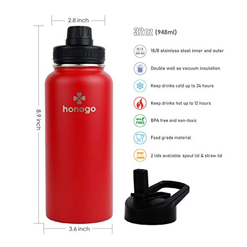 honogo 32 oz Powder Coated Double Wall Vacuum Insulated Sports Water Bottle, 18/8 Stainless Steel Wide Mouth Thermos Flask with Straw Lid & Spout Lid, Leak Proof, Sweat Free, BPA Free (Red, 32 oz)