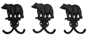 rustic black bear cast iron double wall hooks, set of 3, 5.25 inches