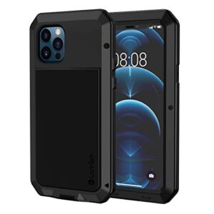 lanhiem metal case for iphone 12, iphone 12 pro (6.1 inch), heavy duty shockproof [tough armour] case with built-in glass screen protector, 360 full body dust proof protective cover, black