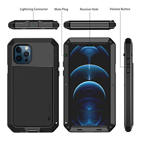 Lanhiem Metal Case for iPhone 12, iPhone 12 Pro (6.1 inch), Heavy Duty Shockproof [Tough Armour] Case with Built-in Glass Screen Protector, 360 Full Body Dust Proof Protective Cover, Black