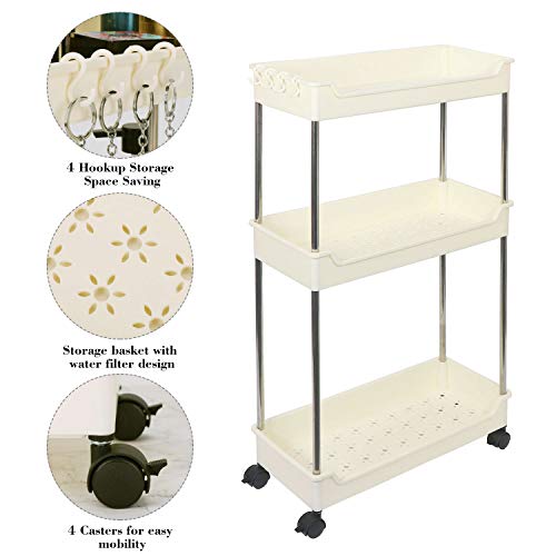 Narrow Slim Storage Cart 3 Tier Mobile Shelving Unit Slim Storage Organizer Slide Out Storage Tower Rolling Utility Cart for Narrow Spaces Bathroom Kitchen Laundry (3 Tier)