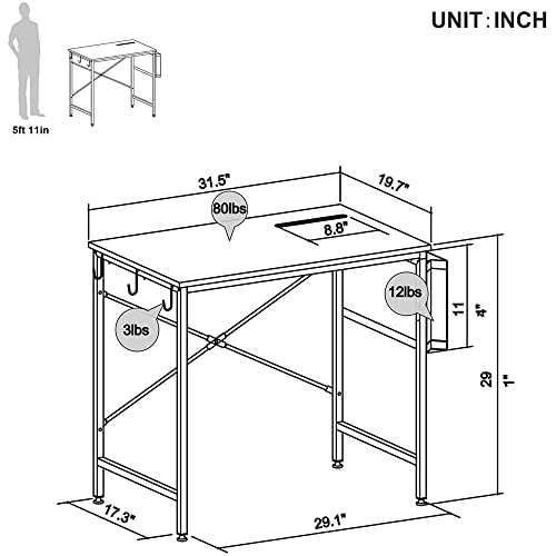 Bestier 32 Inch Modern Simple Style Table Home Office Wood Desktop Mount Computer Desk with Storage Bag and Iron Hook, Rustic Brown